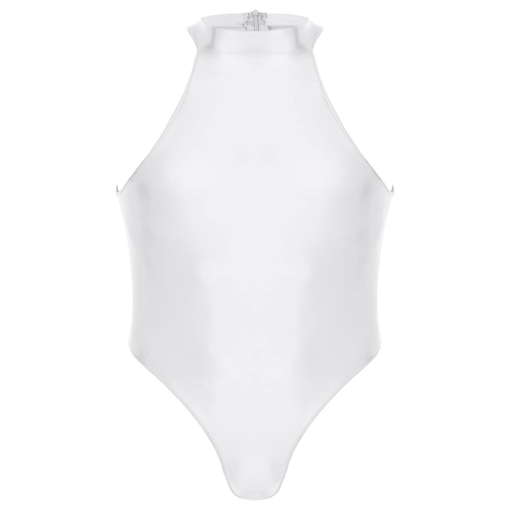 FEESHOW Mens Oil Glossy Bodysuit Workout Biketard Unitard Sleeveless Wrestling Singlet Jumpsuit White X-Large