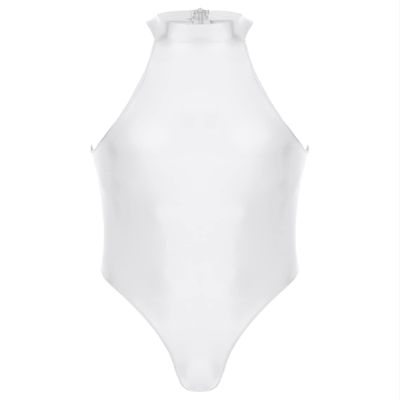 ACSUSS Mens Stretchy Bodysuit Shiny Glossy Sleeveless High Cut Leotard Thong Undershirt Shapewear White X-Large