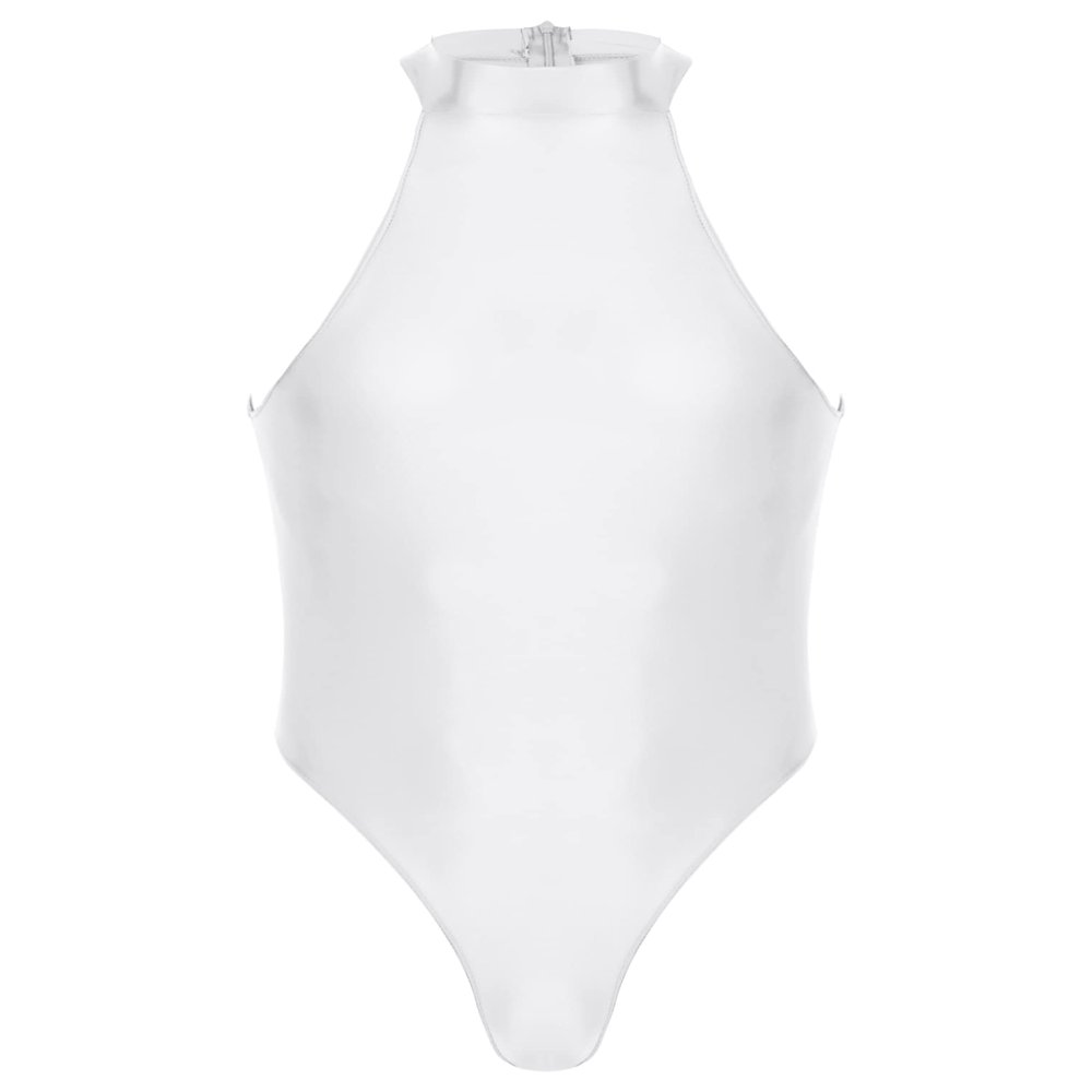 ACSUSS Mens Stretchy Bodysuit Shiny Glossy Sleeveless High Cut Leotard Thong Undershirt Shapewear White X-Large