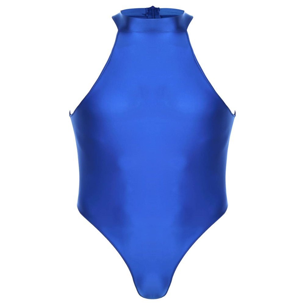 ACSUSS Mens Stretchy Bodysuit Shiny Glossy Sleeveless High Cut Leotard Thong Undershirt Shapewear Blue X-Large