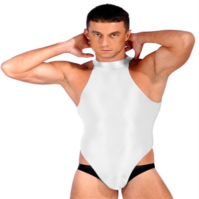 Jhaoyu Mens Glossy Bodysuit Stretchy Sleeveless Leotard Back Zipper Wrestling Singlet Sportwear White X-Large