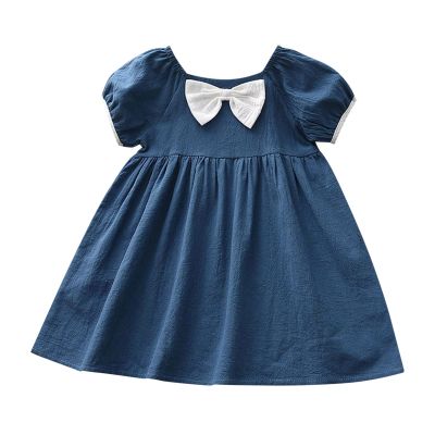 Tutus for Girls Toddler Kids Baby Girls Solid Linen Dress with Bow Short Sleeve A Line Ruffle Summer (Blue, 2-3 Years)