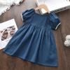 Tutus for Girls Toddler Kids Baby Girls Solid Linen Dress with Bow Short Sleeve A Line Ruffle Summer (Blue, 2-3 Years) view 2