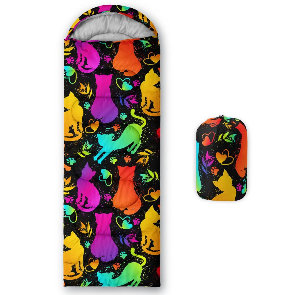 QOOMO Kawaii Cat Printed Camping Sleeping Bags,3 Season Warm & Cool Weather,Lightweight,Waterproof Sleeping Bags for Adults & Kids,Traveling,and Outdoors,Camping Gear Equipment,31x90inch