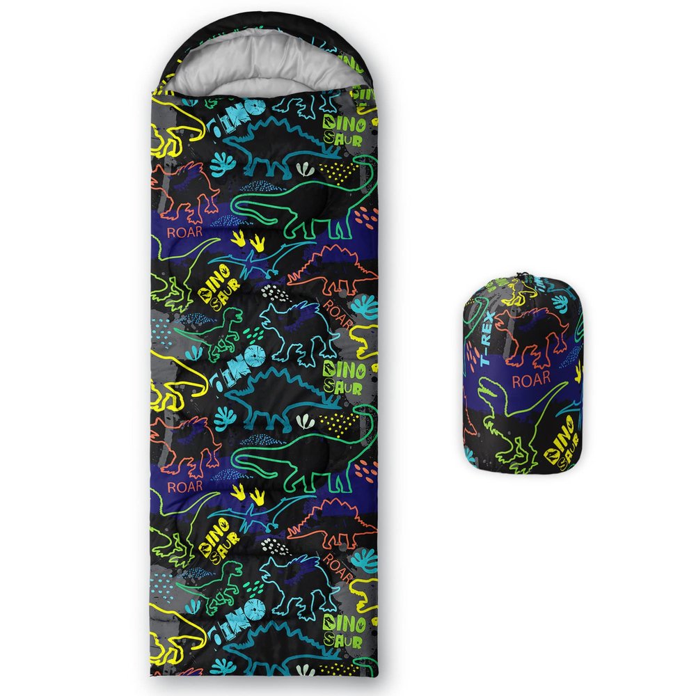 QOOMO Neon Dinosaur Printed Camping Sleeping Bags,3 Season Warm & Cool Weather,Lightweight,Waterproof Sleeping Bags for Adults & Kids,Traveling,and Outdoors,Camping Gear Equipment,31x90inch