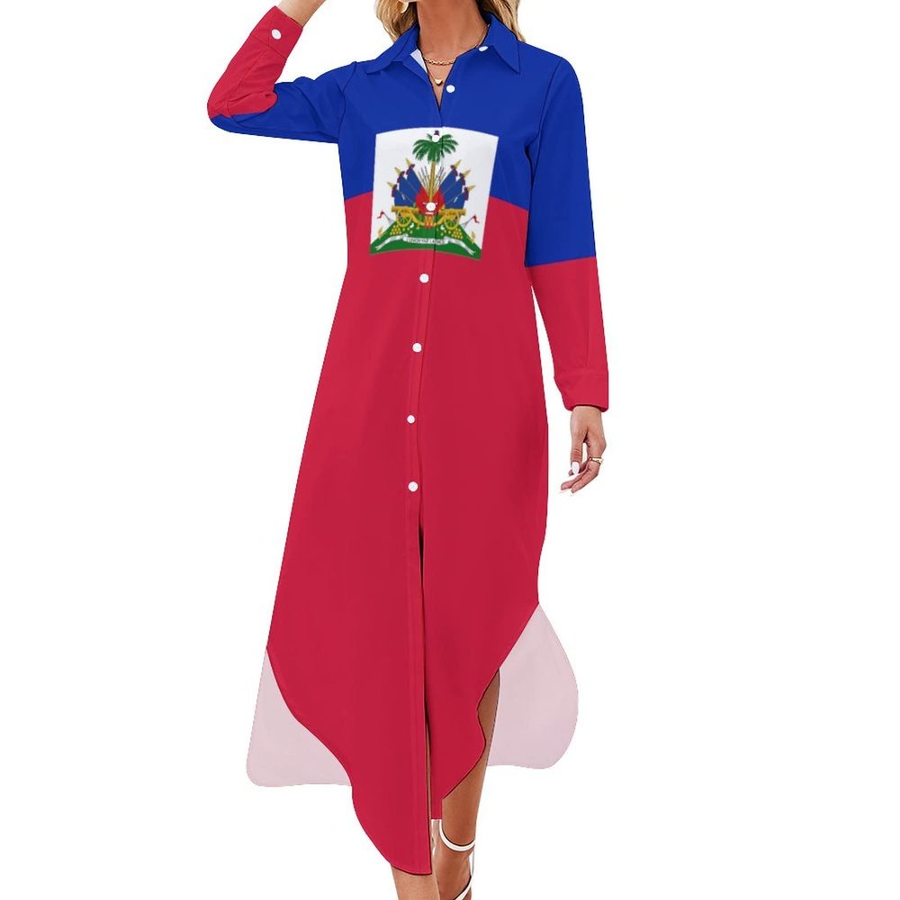 Fattyeery Elegant Casual Long Dress Haiti Flag Girls Summer Sunshine Beach Skirts for Womens 6XL