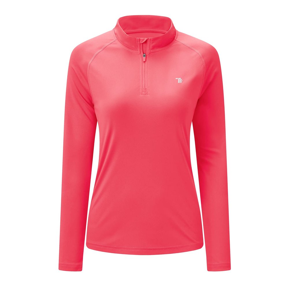 BASUDAM Women's Workout Shirts Quick Dry UPF 50+ Sun Protection Long Sleeve Quarter Zip Pullover Athletic T-Shirts Bright Pink XL
