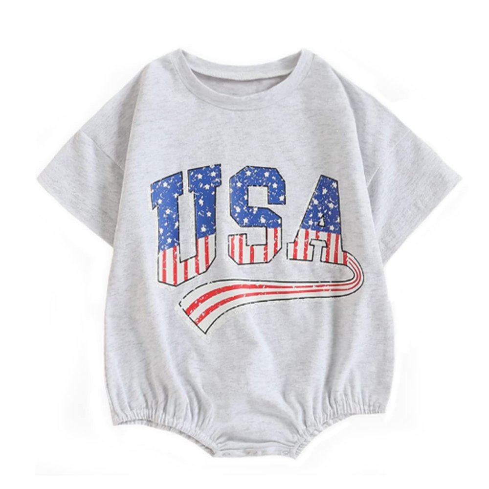 Ayalinggo 4th of July Baby Outfit Boy Girl My First Fourth of July Bubble Romper Oversized Onesie Toddler USA Clothes (Grey USA Romper,6-12 Months)