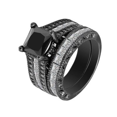 AIMAOMI 2pcs Women Engagement Ring Set Cubic Zirconia Bridal Wedding Band Square Cut Simulated Diamond Ring (Black, 5)