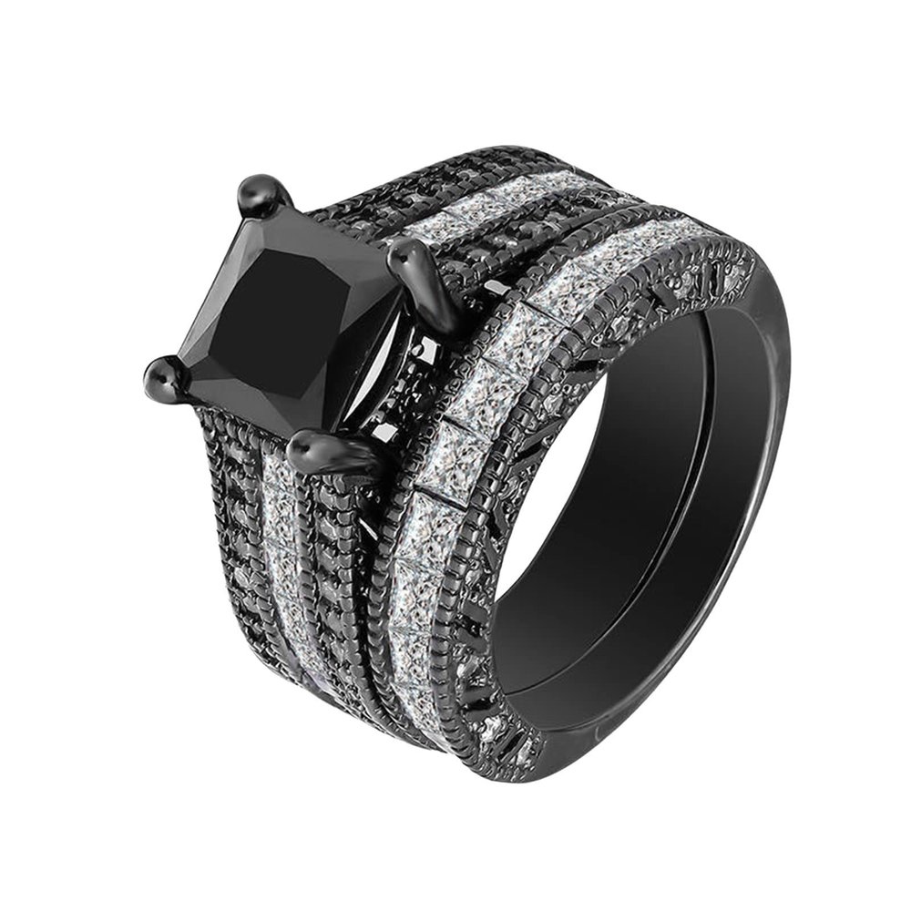 AIMAOMI 2pcs Women Engagement Ring Set Cubic Zirconia Bridal Wedding Band Square Cut Simulated Diamond Ring (Black, 5)