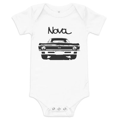 1972 Chevy Nova American Muscle Classic car Drag Racing Hot Rod SS Baby Onesie Short Sleeve one Piece White