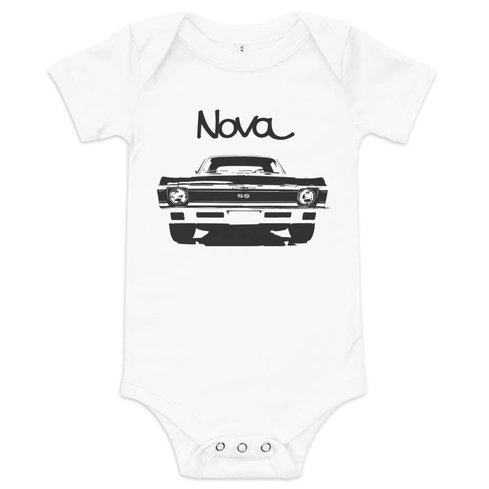 1972 Chevy Nova American Muscle Classic car Drag Racing Hot Rod SS Baby Onesie Short Sleeve one Piece White