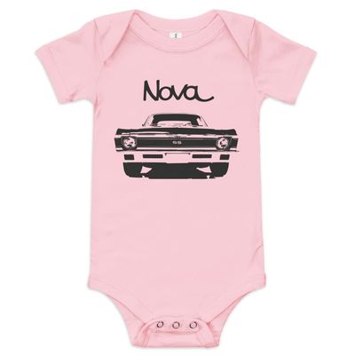 1972 Chevy Nova American Muscle Classic car Drag Racing Hot Rod SS Baby Onesie Short Sleeve one Piece Pink