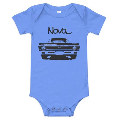 1972 Chevy Nova American Muscle Classic car Drag Racing Hot Rod SS Baby Onesie Short Sleeve one Piece Heather Columbia Blue