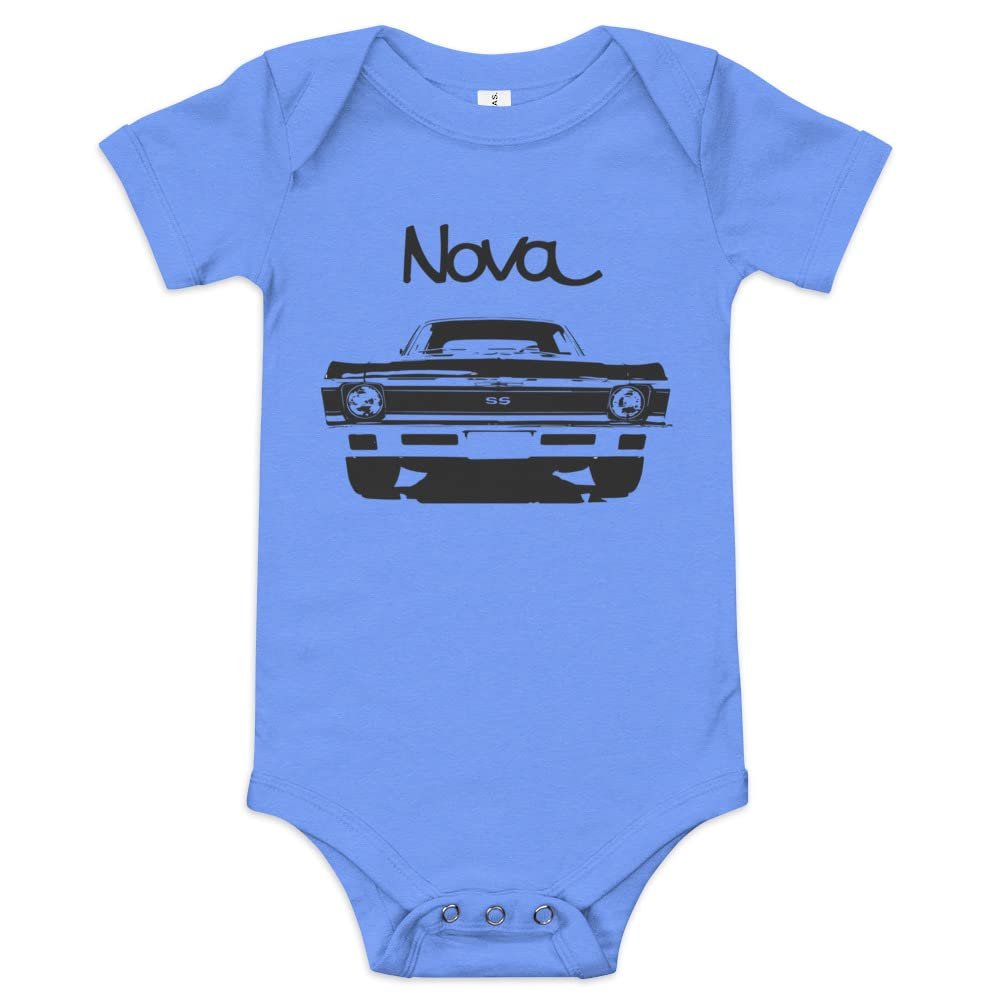 1972 Chevy Nova American Muscle Classic car Drag Racing Hot Rod SS Baby Onesie Short Sleeve one Piece Heather Columbia Blue