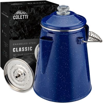 COLETTI Classic Percolator Coffee Pot  The Most Nostalgic Camping Coffee Pot, Now Modernized [Blue Enamel, 12 Cup]
