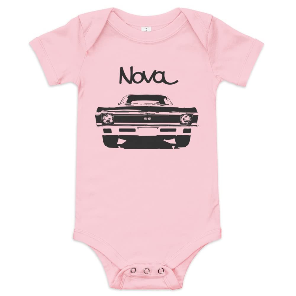 1972 Chevy Nova American Muscle Classic car Drag Racing Hot Rod SS Baby Onesie Short Sleeve one Piece Pink