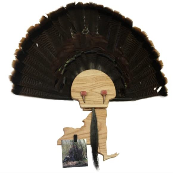 Esh Turkey Fan Mount Kit - Customized State Turkey Tail Mounting Plaque - Natural Oak Wood - New York