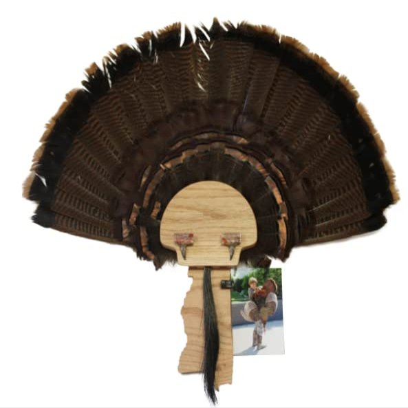 Esh Turkey Fan Mount Kit - Customized State Turkey Tail Mounting Plaque - Natural Oak Wood - Mississippi