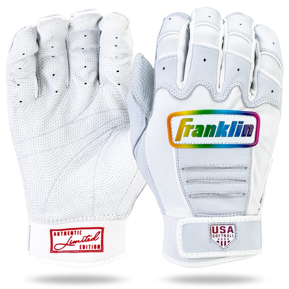 Franklin Sports Women's Fastpitch Softball Batting Gloves - Aura CFX Pro FP Women's + Girls' Batting Gloves for Softball + Baseball - White + Multicolor Chrome Pair - Adult Extra Large
