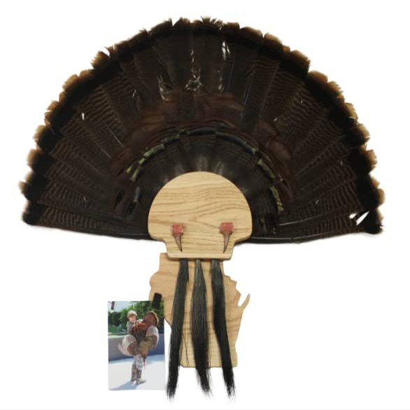 Esh Turkey Fan Mount Kit - Customized State Turkey Tail Mounting Plaque - Natural Oak Wood - Wisconsin
