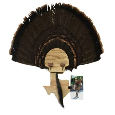 Esh Turkey Fan Mount Kit - Customized State Turkey Tail Mounting Plaque - Natural Oak Wood - Texas