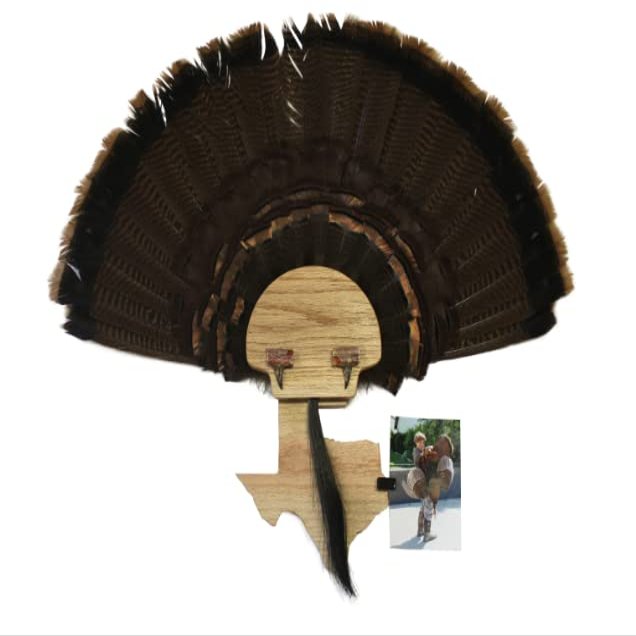 Esh Turkey Fan Mount Kit - Customized State Turkey Tail Mounting Plaque - Natural Oak Wood - Texas