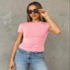 Abardsion Women's Casual Basic Going Out Crop Tops Slim Fit Short Sleeve Crew Neck Tight T Shirts 2026 (Light Pink, L) view 3