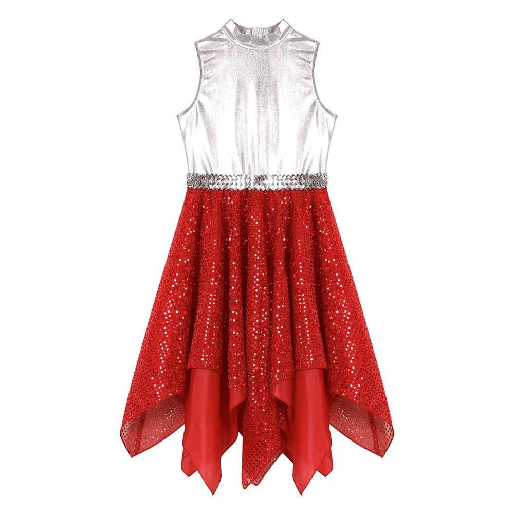 Linjinx Kids Girls Sleeveless Shiny Ballet Praise Lyrical Dance Dress Worship Liturgical Celebration Costume Church Robe Red A 10 Years