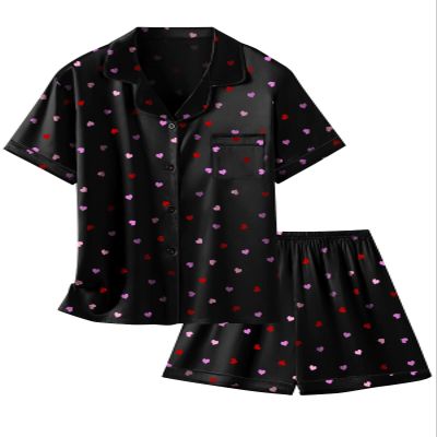 Schbbbta Satin Pajamas for Girls, 2 Pcs Sleepwear Short Sleeve Silk Satain Summer Pajama Set for Girls, Heart Black, 13-14 Years = Tag 170
