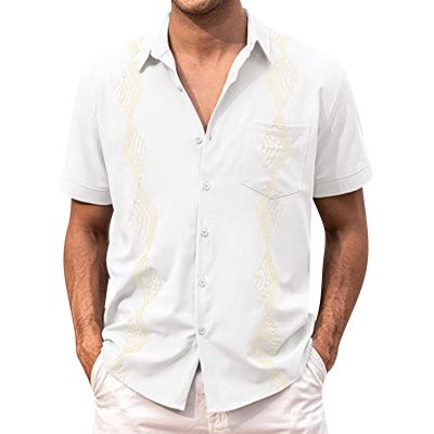 Men's Casual Button Down Shirts Short Sleeve Cotton Linen Tops Regular Fit T-Shirts Summer Beach Dress Shirt E-White
