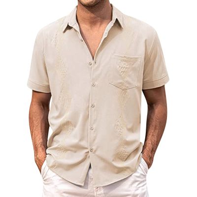 Men's Casual Button Down Shirts Short Sleeve Cotton Linen Tops Regular Fit T-Shirts Summer Beach Dress Shirt E-Khaki
