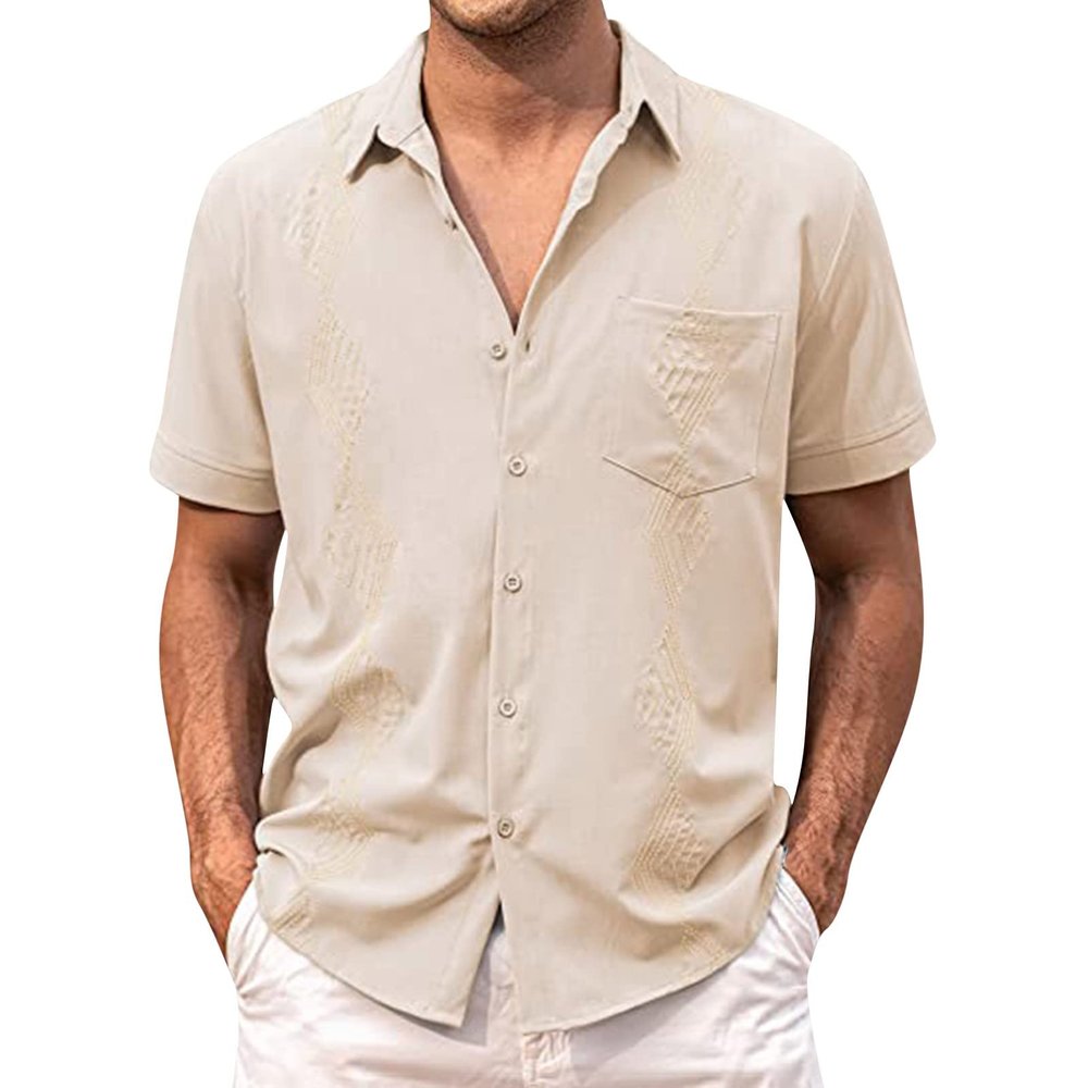 Men's Casual Button Down Shirts Short Sleeve Cotton Linen Tops Regular Fit T-Shirts Summer Beach Dress Shirt E-Khaki