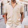 Men's Casual Button Down Shirts Short Sleeve Cotton Linen Tops Regular Fit T-Shirts Summer Beach Dress Shirt E-Khaki view 2