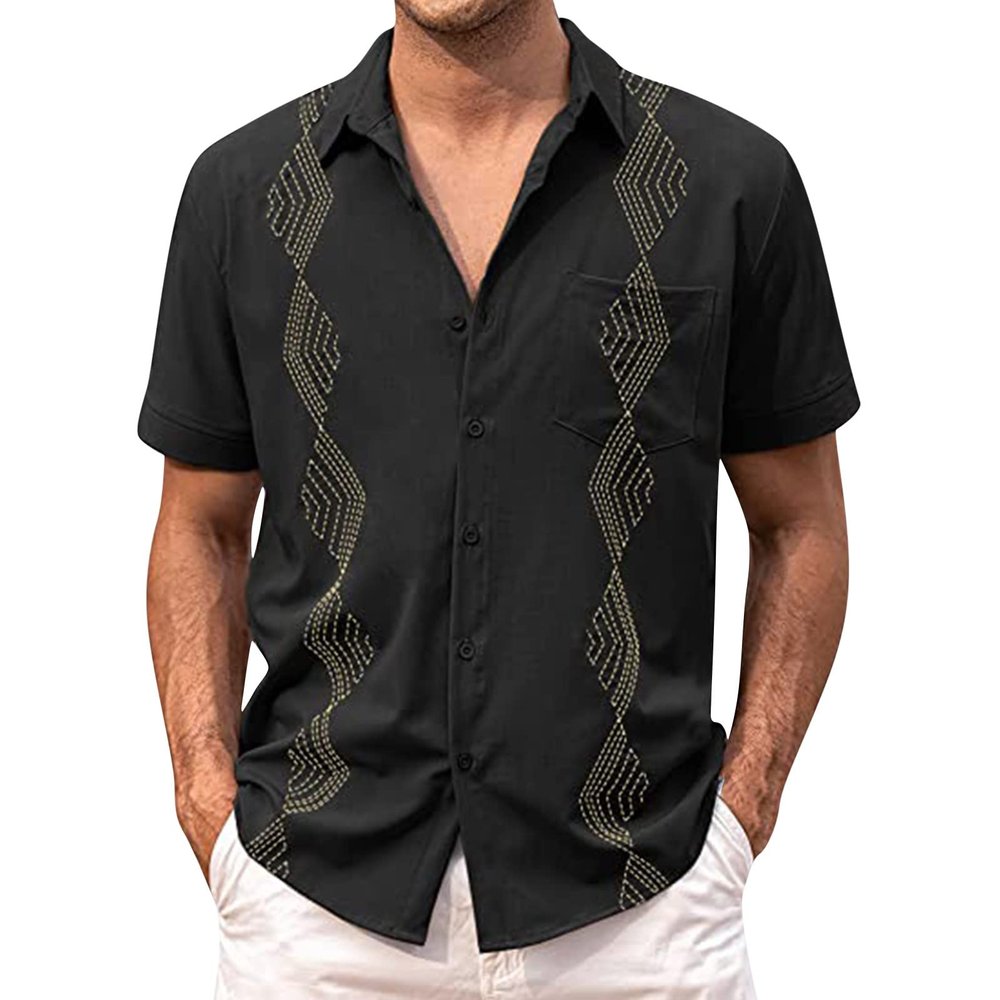 Men's Casual Button Down Shirts Short Sleeve Cotton Linen Tops Regular Fit T-Shirts Summer Beach Dress Shirt E-Black