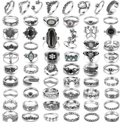 17IF 60 PCS Vintage Silver Goth Ring Set for Women, Punk Boho Chunky Knuckle Stackable Finger Ring Pack Aesthetic Grunge Adjustable Retro Stone Opal Crystal Cat Snake Flower Gothic Rings