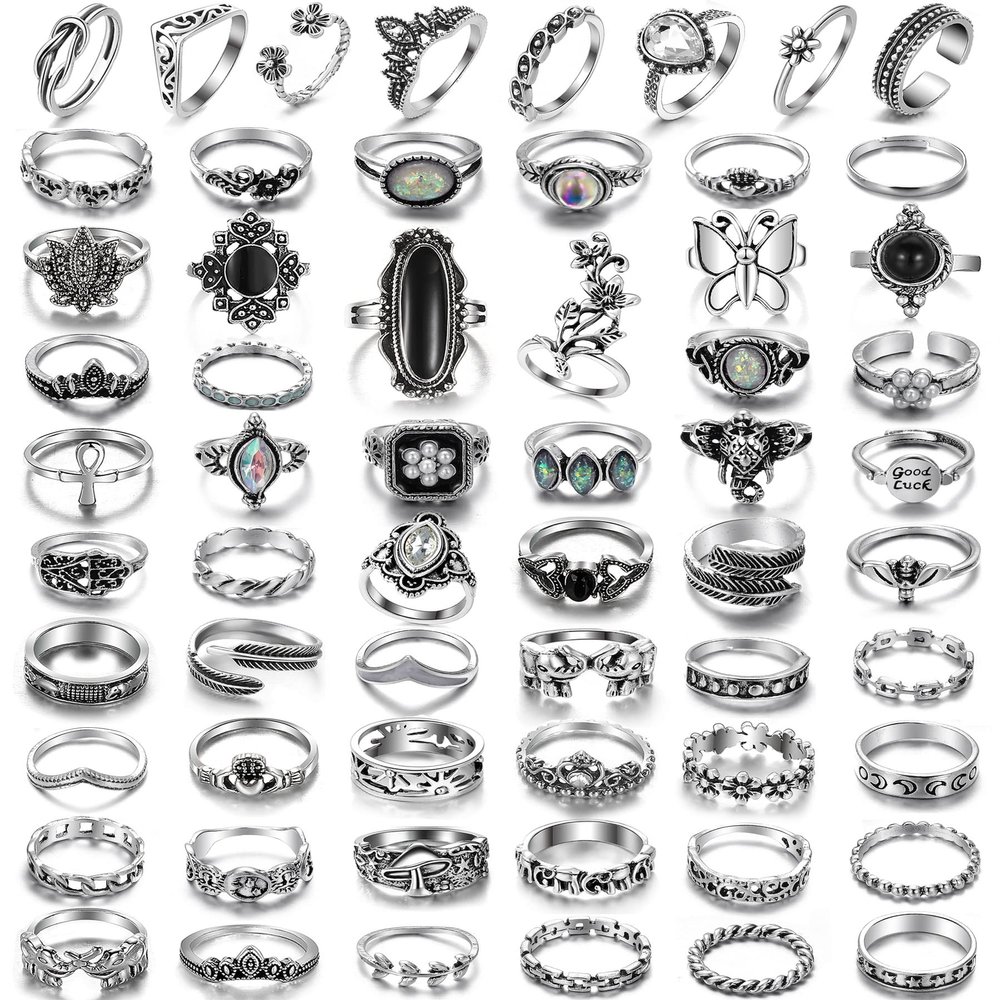 17IF 60 PCS Vintage Silver Goth Ring Set for Women, Punk Boho Chunky Knuckle Stackable Finger Ring Pack Aesthetic Grunge Adjustable Retro Stone Opal Crystal Cat Snake Flower Gothic Rings