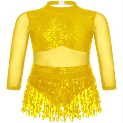 CHICTRY Girls Sequins Tassel Hem Latin Dance Dress Leotard Rumba Samba Salsa Jazz Dance Dresses Dancewear Costumes Gold A(Backless) 8 Years