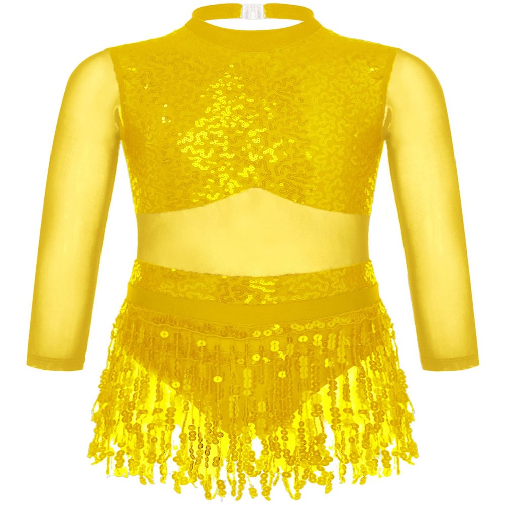 CHICTRY Girls Sequins Tassel Hem Latin Dance Dress Leotard Rumba Samba Salsa Jazz Dance Dresses Dancewear Costumes Gold A(Backless) 8 Years