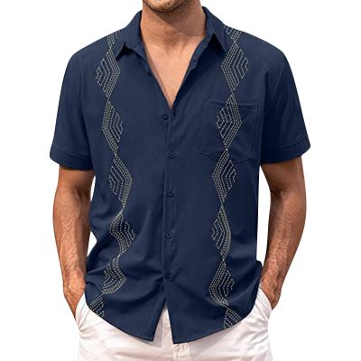 Men's Casual Button Down Shirts Short Sleeve Cotton Linen Tops Regular Fit T-Shirts Summer Beach Dress Shirt E-Blue