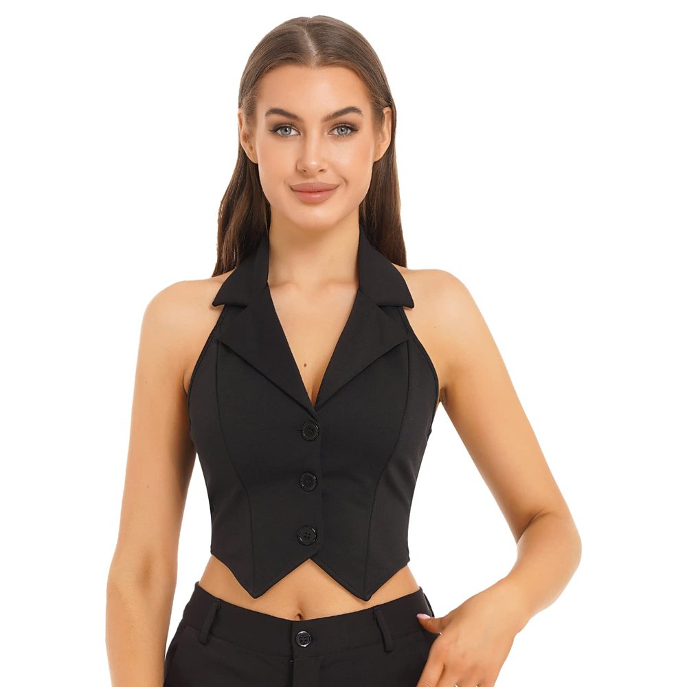 Jhaoyu Womens Vintage Waistcoat Vest Halter Neck 3 Button Down Dressy Suit Blazer Wedding Prom Party Jacket Vests Black Small