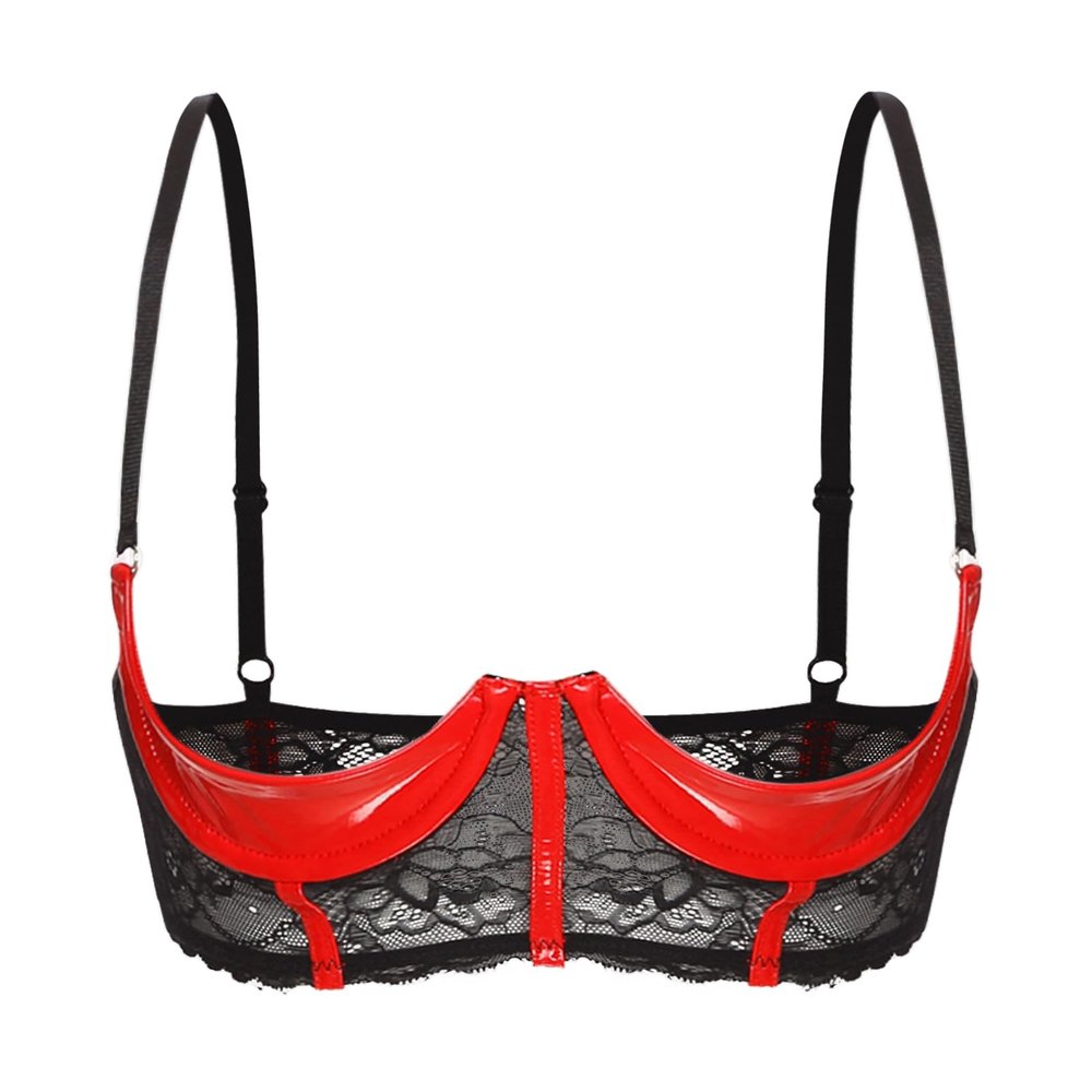 ACSUSS Womens Shiny Leather 1/3 Cup Underwired Bra Floral Lace Brassiere Lingerie Underwear Red Small