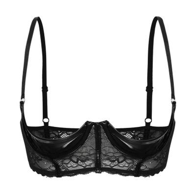 winying Women's Sexy 1/4 Cup Lace Shelf Bra Balconette Underwired Demi Shelf Bra Sheer Bralette Black E X-Large