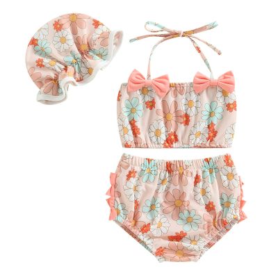 Toddler Girl Swimsuits Infant Baby Girl Bathing Suit Bikini Sets Swimwear 3 Piece Summer Beach Outfit Top Shorts Hat (P-Pink Floral, 12-18 Months)