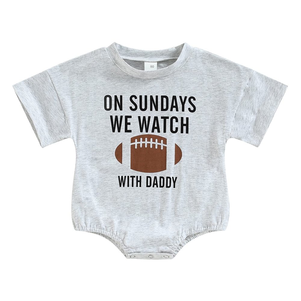 Baby Girl Boy Crewneck Sweatshirt Romper Funny Football Onesie Shirt Cute Letter Print Bubble Bodysuit Game Day Outfits (Grey Sunday Football Onesie,12-18 Months)