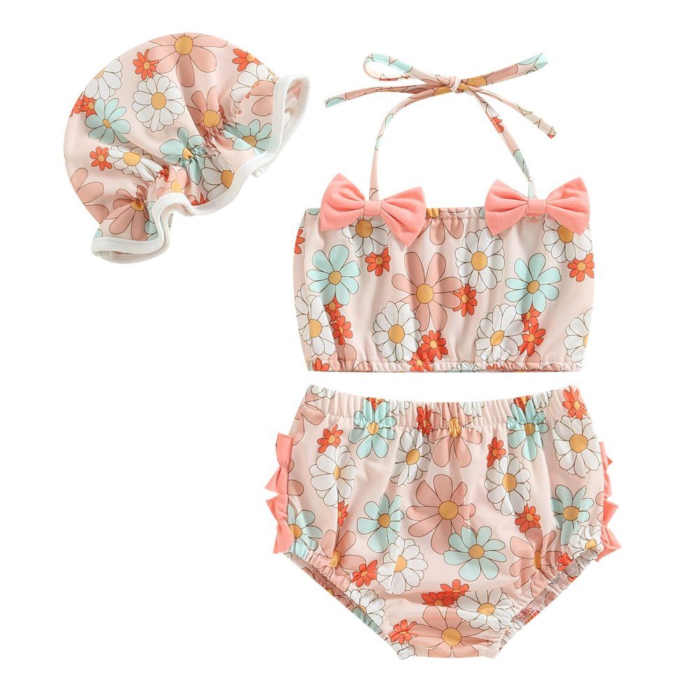 Toddler Girl Swimsuits Infant Baby Girl Bathing Suit Bikini Sets Swimwear 3 Piece Summer Beach Outfit Top Shorts Hat (P-Pink Floral, 18-24 Months)
