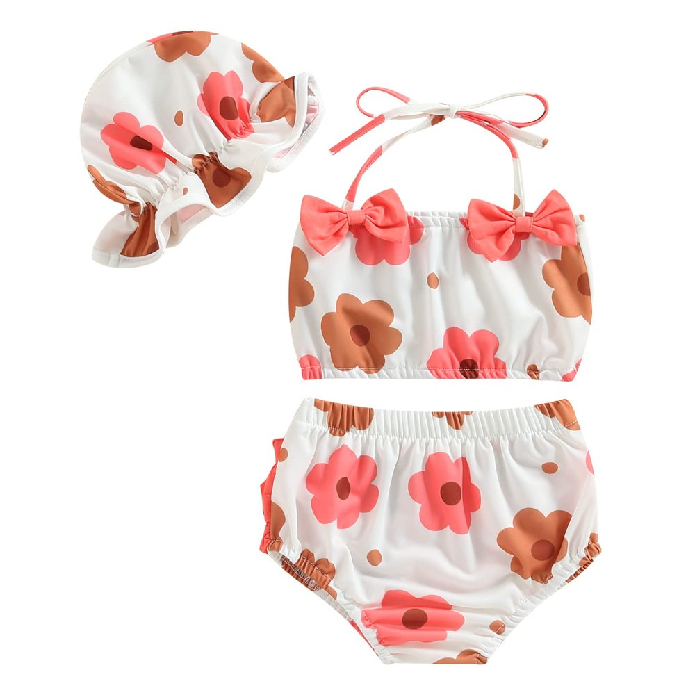 Toddler Girl Swimsuits Infant Baby Girl Bathing Suit Bikini Sets Swimwear 3 Piece Summer Beach Outfit Top Shorts Hat (P-White Flower, 6-12 Months)