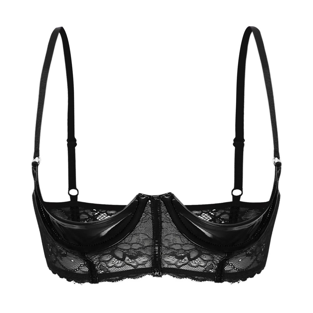 ACSUSS Womens Shiny Leather 1/3 Cup Underwired Bra Floral Lace Brassiere Lingerie Underwear Black Large