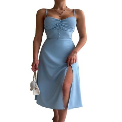 ebossy Womens Sexy Spaghetti Strap High Slit Tied Backless Bodycon Mid Dress (S,Blue)