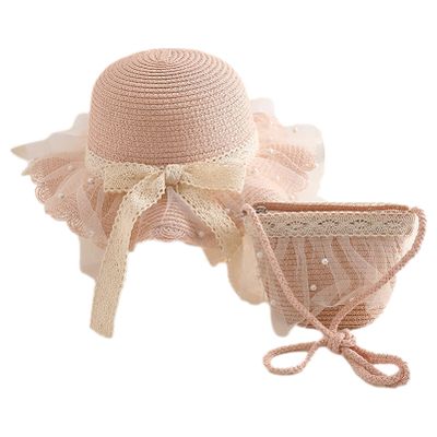 Anopo Girls Straw Hat Purse Bag Set Lace Brim Flowers Pearl Summer Beach Sun Hat Princess Shoulder Crossbody Bag Chin Strap B Pink